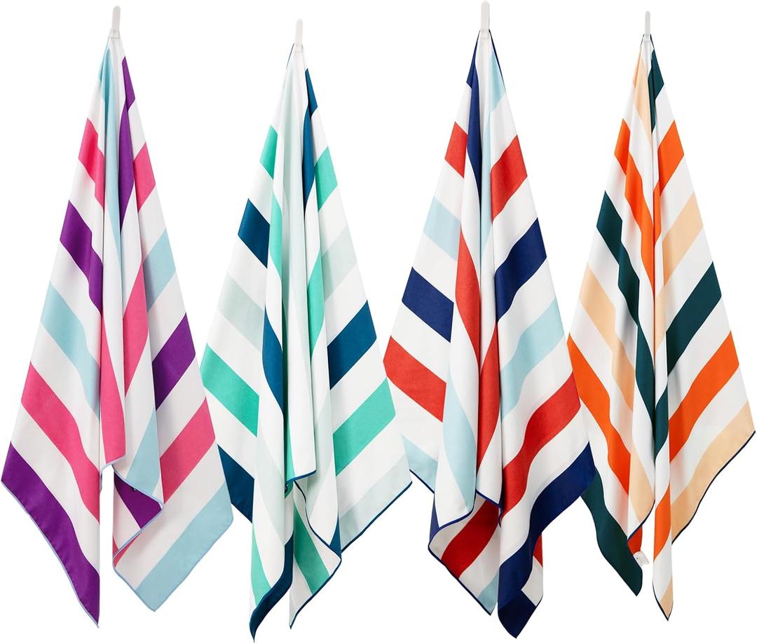 Exclusivo Mezcla 4 Pack Large Quick Dry Beach Towels, Microfiber Sandfree Cabana Stripe Pool Bath Swim Towel with Bag, Lightweight and Thin (Multi, 30x60 Inches) (Multi-green/Purple/Navy/Brown)