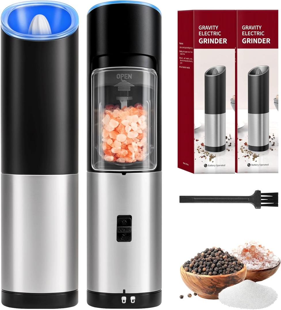 Simple Deluxe Stainless Steel Gravity Electric Salt & Pepper Grinder Set, Battery Powered with Blue LED Light, Adjustable Coarseness, One Hand Automatic Operation, Silver, 2 Pcs