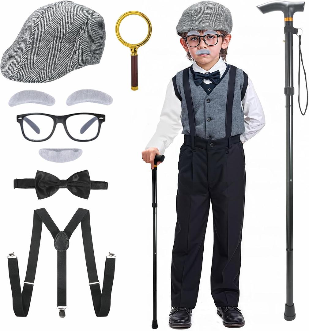 TaikaoQi Old Man Costume for Kids 100 Day of School Costume for Boys  Grandpa Cosplay Accessories with Hat, Glasses, Cane, Bow Tie, Suspenders, Magnifying Glass, Eyebrows & Mustache
