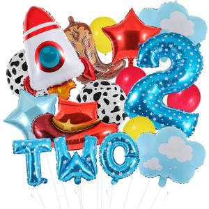17Pcs Toy Themed Party Decorations Cartoon 2nd Birthday Decorations Blue Sky Clouds Cowboy Hat Boots Rocket Balloons Two Infinity and Beyond Toy Inspired Birthday Party Supplies