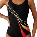 Aleumdr Womens Color Block Print One Piece Swimsuits Athletic Training Swimwear Bathing Suits (Medium, Black 402)