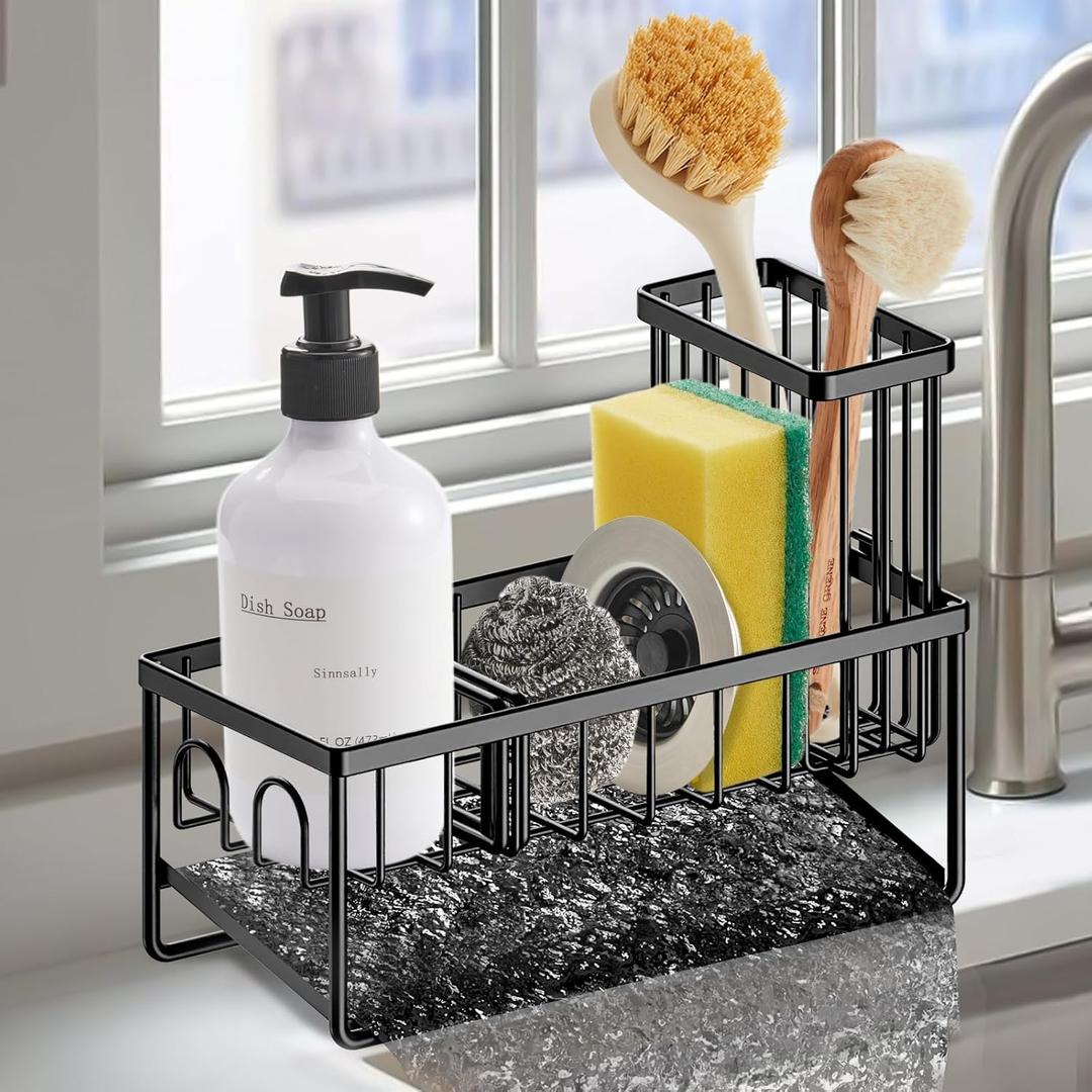 Sinnsally Kitchen Sponge Holder,Sink Caddy Organizer with Brush Holder,Stainless Steel Sink Box Dish Scrubber Holder with Self Drain Tray,Soap Dispenser Storage Accessories for Kitchen Counter(Black)