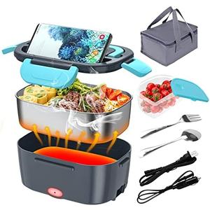 Electric Lunch Box, Food Warmer Heater 12V 24V 110V, 80W Faster Heated Lunch Box for Car/Truck/Home Portable Heating Boxes with 1.5L 304 SS Container Fork & Spoon