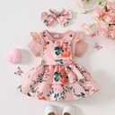 Baby Girl Clothes Cute Summer Outfits Short Sleeve Romper Adjustable Floral Overall Dress Headband 3PCS (Pink, M)
