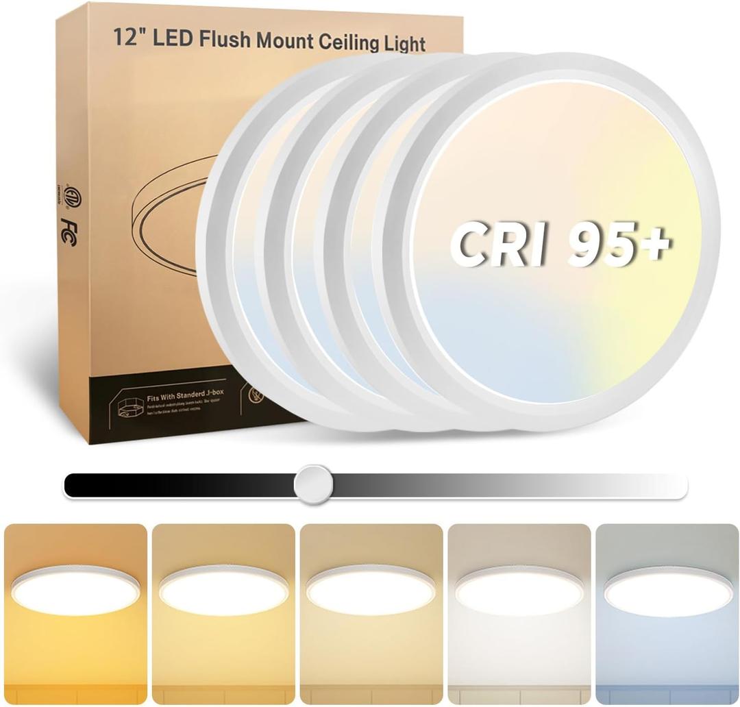 4Pack 12 Inch LED Flush Mount Ceiling Light, 25W, 3000LM, CRI 95+, 2700K-5000K 5CCT & Dimmable, White Round Surface Flat Panel Light for Hallway, Kitchen, Bedroom, Laundry Room
