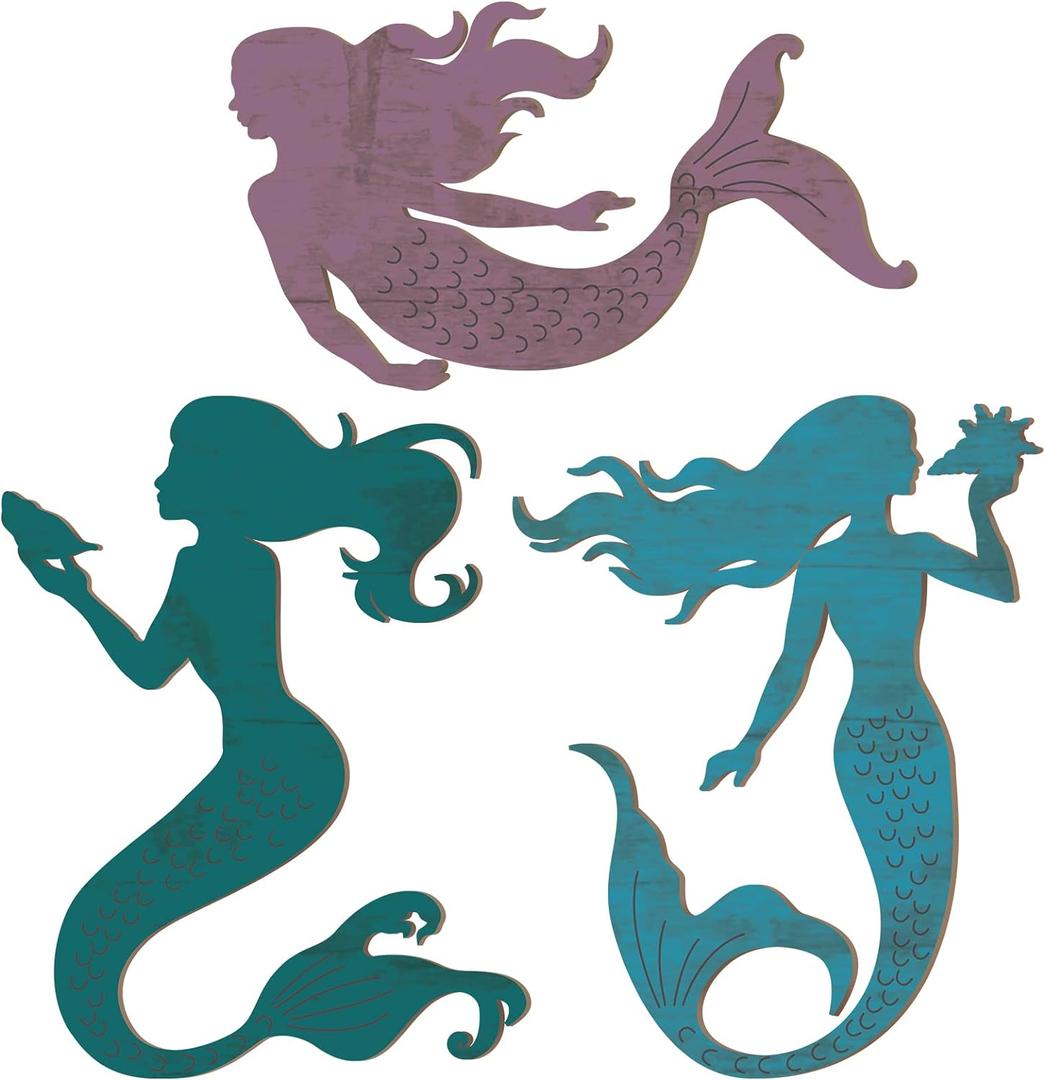 Qunclay Set of 3 Mermaid Wall Bathroom Decor Wooden Silhouettes Mermaid Art Hanging Farmhouse Ocean Themed Wall Decorations for Bedroom Room Accessories Rustic Elegant