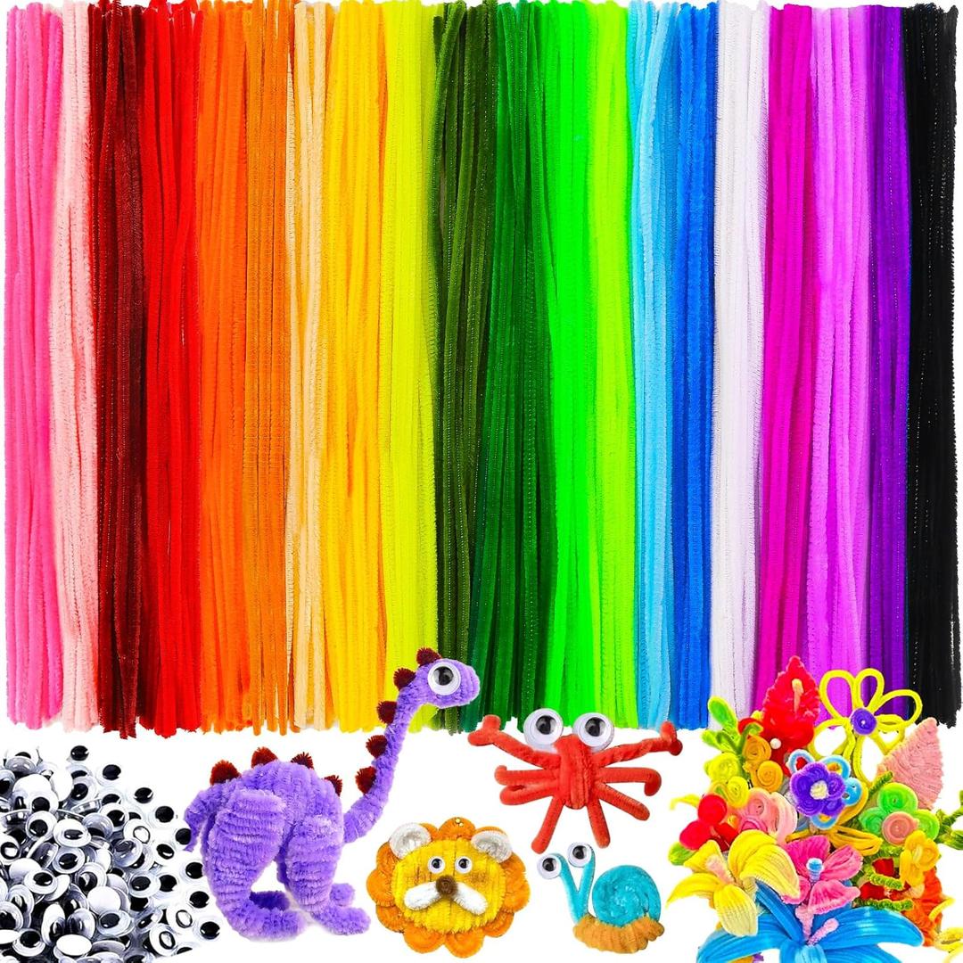 Gushu 200 pcs Multi-Color Pipe Cleaners and 100 pcs self-Adhesive Wiggle Eyes Sets for Crafts, Craft Supplies,Pipe Cleaners Bulk, Chenille Stems, Pipe Cleaner for Crafts