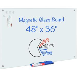 maxtek Magnetic Glass Dry Erase White Board, 48" x 36" Frameless Glass Board for Wall Mounted, Includes 5 Magnets, 3 Markers and 1 Eraser for Classroom Home, Office Supplies (White)