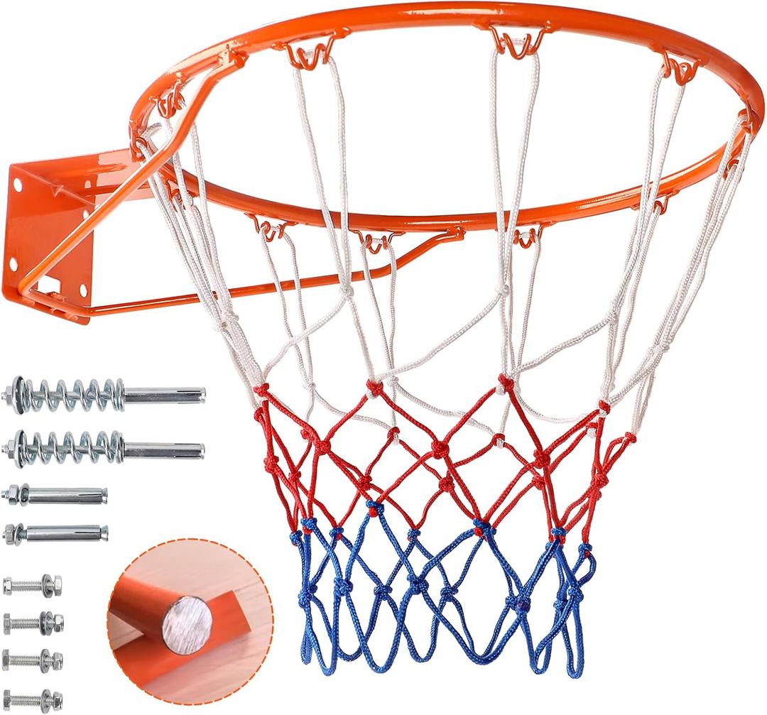 Dripex Solid Basketball Rim 18" Replacement Breakaway Wall Mounted Outdoor Heavy Duty Solid Steel 18 Inch Rim Double Spring with All Weather Net (Orange)