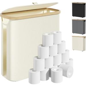 Toilet Paper Storage Basket with Lid and Handle, Foldable Toilet Paper Basket Organizer for Bathroom, Large Capacity Toilet Paper Holder with Storage for 12 Mega or 16 Regular Rolls, Beige (35L)
