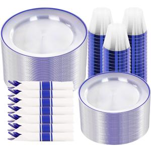SUT 350 Pcs Blue and Clear Plastic Dinnerware Set for 50 Guests, Include: 50 Dinner Plates, 50 Dessert Plates, 50 Pre Rolled Napkins With Silverware, 50 Cups, Disposable Plates for Party, Wedding