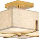 Modern Semi Flush Mount Ceiling Light Fixture, 12" Drum Fabric Linen Shade, Gold Square Design for Bedroom, Living Room, Dining Room, Kitchen - Stylish Flush Mount Ceiling Light