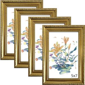 BESCRCL 5x7 Picture Frame Gold with Real Glass, Ornate Vintage 5 x 7 Photo Frames for Wall and Tabletop Display, Set of 4
