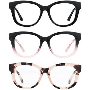 LADEESSE Readers for Women Oprah Style 3 Pack Square Oversized Reading Glasses with Spring Hinge Blue Light Blocking Ladies, Magnification Strength: 1.75 x