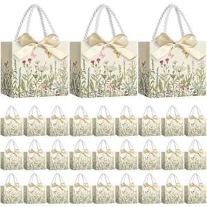 Moinchore 30 Pcs Vintage Wildflower Paper Gift Bags Bulk 5.5 x 4.7 x 2.5 in Mini Flower Plant Favor Bags with Handles Bow Ribbon Wrap for Spring Summer Birthday Home Wedding Party Supplies
