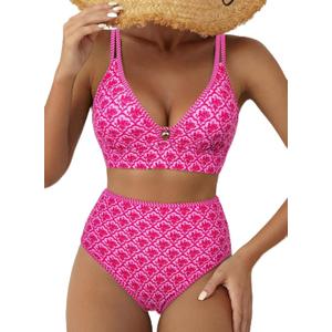 Herseas Women's 2 Piece Floral Print Bikini Sets V Neck Stitch Swimsuits High Waisted Bathing Suit Beach Summer Swimwear (Rose,XS)