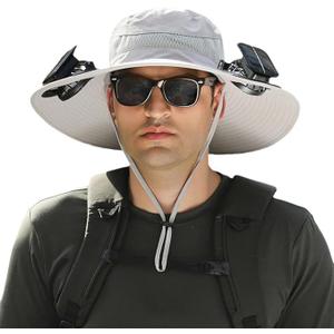 Outdoor Wide Brim Sun Hat with 2 Solar Fan Sun Bucket Hat for Men Women UPF 50+ Bucket Fishing & Beach Hat with Fan Built in (Gray, M)