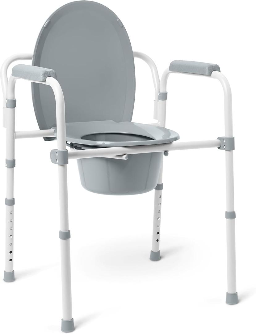 Medline 3-in-1 Steel Bedside Commode, Elongated Seat, Sturdy Folding Frame, 7.5 QT. Bucket, 350 lb. Weight Capacity, Clip-on Seat, Easy Cleaning, Tool-Free Assembly, Gray