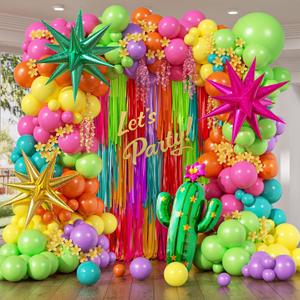 158pcs Mexican Fiesta Balloon Garland Arch Kit with Yellow Hot Pink Lime Green Orange Purple Teal Foil Balloons for Mexican Fiesta Birthday Party Decorations