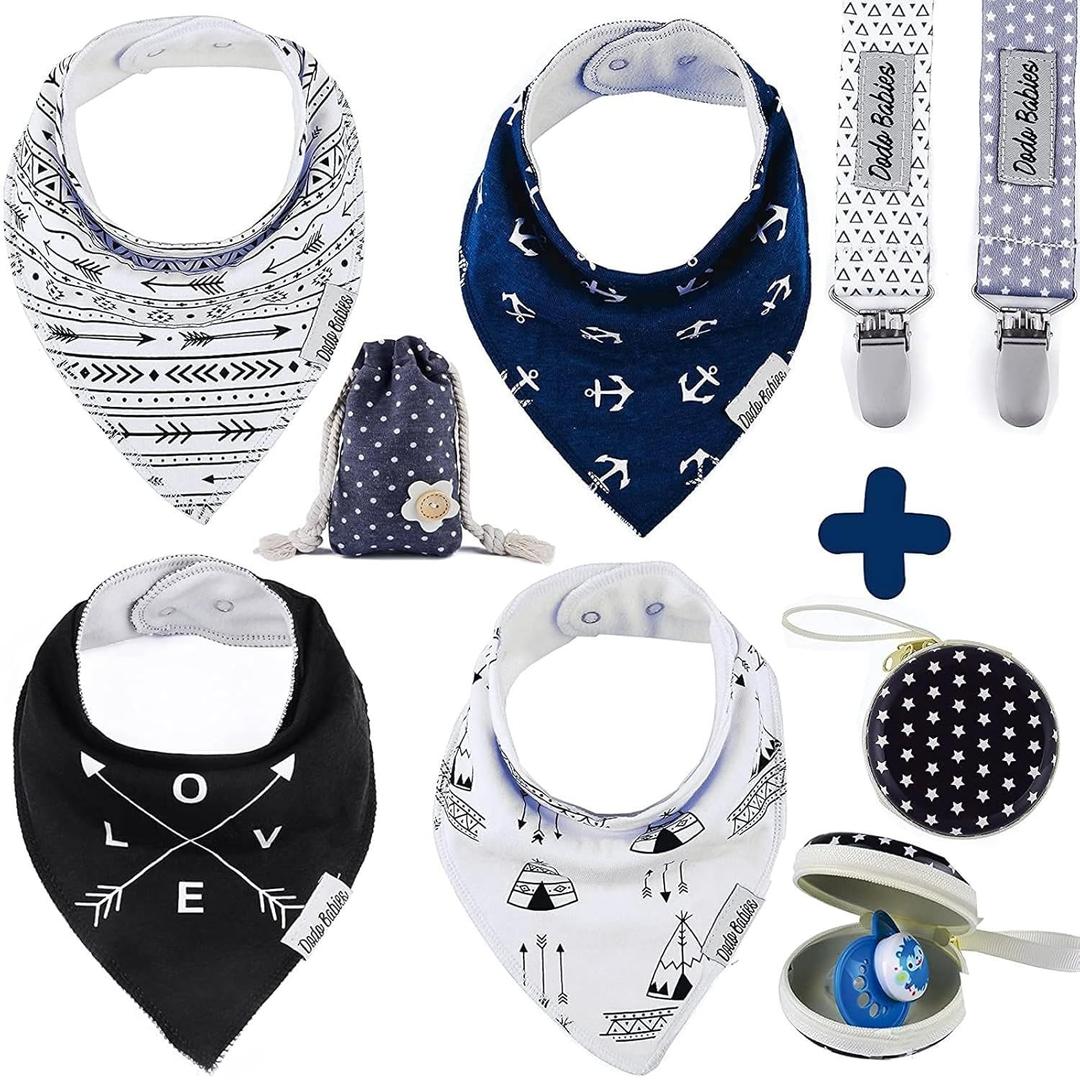 Dodo Babies Bandana Drool Bib Set Baby Essentials - 8-Piece Set Blue/Black/White - 4 Bibs, 2 Binky Clips & Pacifier Case - Cotton w/Polyester Lining & Adjustable Snaps 3-24 Months