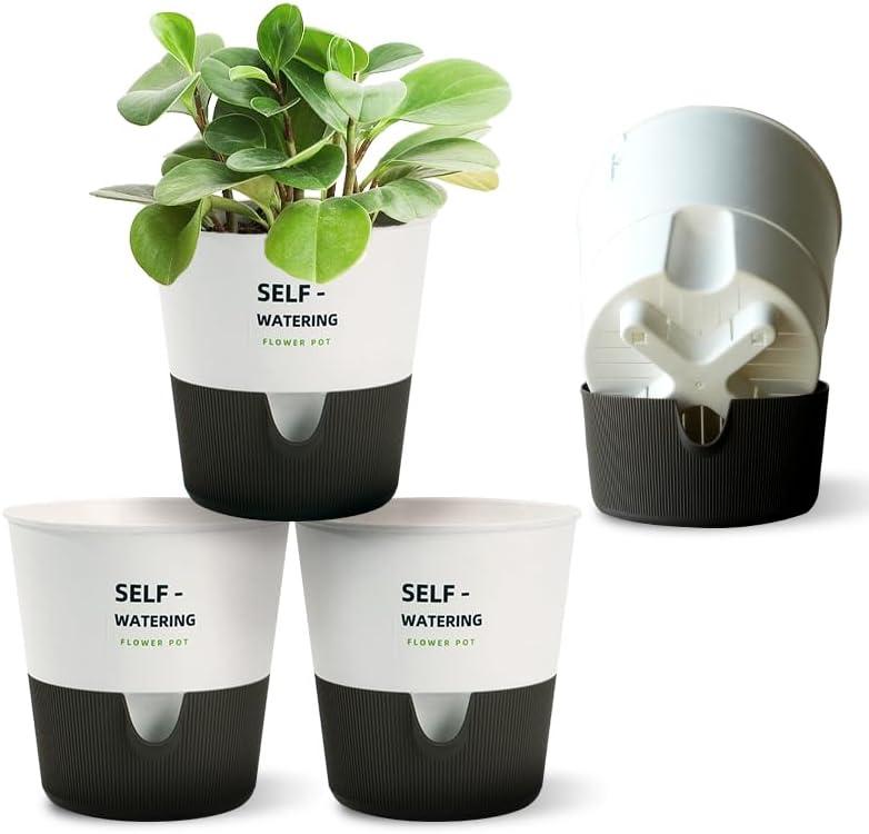5/6.5/7.5 Inch Self Watering Pots for Indoor/Outdoor ,4 Pack plastic Planters for Indoor Plants with Drainage Holes and Saucers, Modern Decorative Flower Pot for Plants (White, 7.5-Inch, 4-Pack)