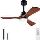 BOJUE 42 Inch Black Ceiling Fans with Lights and Remote,Dimmable LED Light,Quite Reversible DC Motor,Memory Function,Modern Solid Wood Indoor Outdoor Ceiling Fan with Light for Office Patios