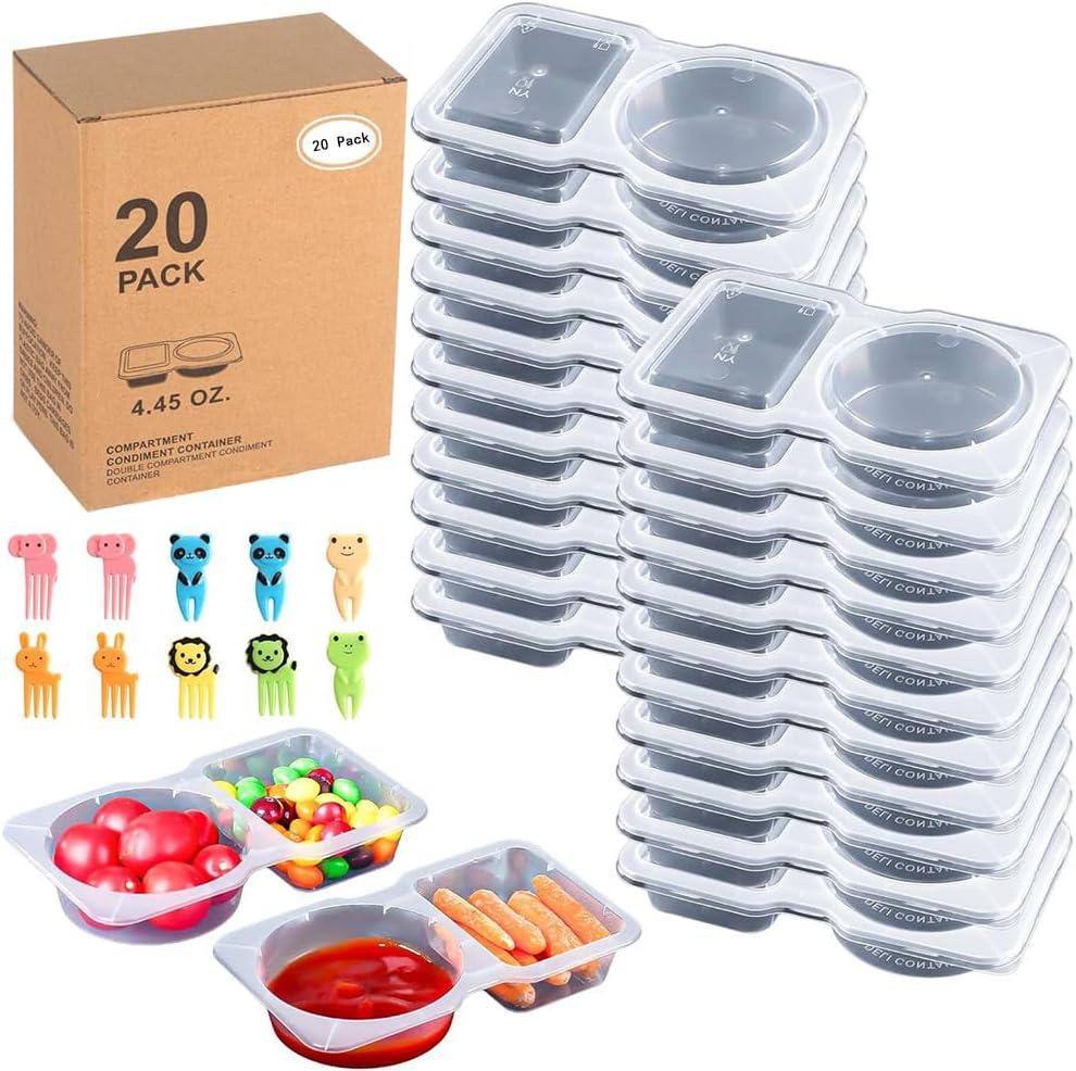 20 Set Reusable Snack Containers With Lids, Double Compartment Condiment Container For Kids Adults10 Forks, Dishwasher & Microwave Safe, On-the-Go Meals And Camping,Portion Control Container