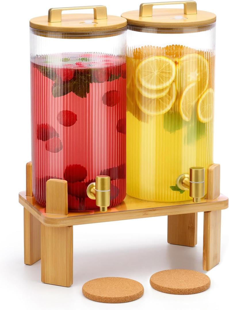 1.5 Gallon Glass Drink Dispensers for Parties, 2 PCS Beverage Dispenser With Wood Stand,Vertical Stripes Glass Lemonade Dispenser with Airtight Valve and Stainless Steel Spigot for Lemonade,Juice, Tea