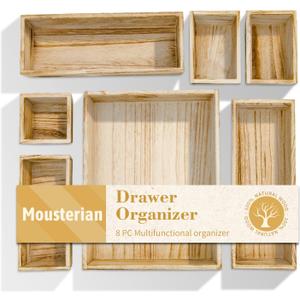 Rustic 8 Piece Wood Desk Drawer Organizer Tray, Nightstand Organizer, 4 Size Wooden Drawer Divider Organizer Set For Office Vanity Makeup Jewelry Bedroom Clothes Storage(Natural)