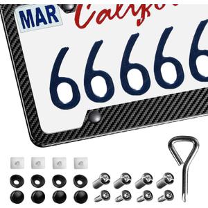 Real Carbon Fiber License Plate Frame, High Gloss Finish License Plate Holder with Mounting Tools, Car License Plate Cover Fit for US, Canada Vehicles(Wide Edge 1 Pack)