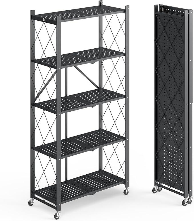 5 Tier Storage Shelf with Wheels - Metal Collapsible Shelving Unit Display, Heavy Duty Folding Shelves, No Assembly Organizer Rack for Garage Kitchen, Basement, Pantry (Black, 5 Tier)