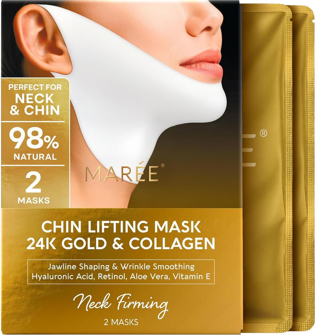 MAREE V Line Lifting Mask with 24K Gold – Deep Collagen Face Mask for Women – Jawline Shaper Mask with Retinol & Hyaluronic Acid – Neck Tightening & Firming – Double Chin Strap for Face Lift,  2 Count (Pack of 1)