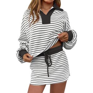 Fisoew Womens Striped 2 Piece Outfits Casual Sweatshirt Skirt Set Long Sleeve Skort Workout Set Matching Lounge Sets (Small, Black)