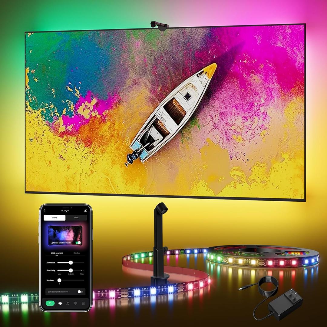 TV Backlight LED 15ft - TV Backlight Sync to Screen PC Monitor for 55-75 Inch RGB LED Strip Lights Cuttable with Sensor Smart App Control Game & Music Sync Color Changing Light for Home Decor