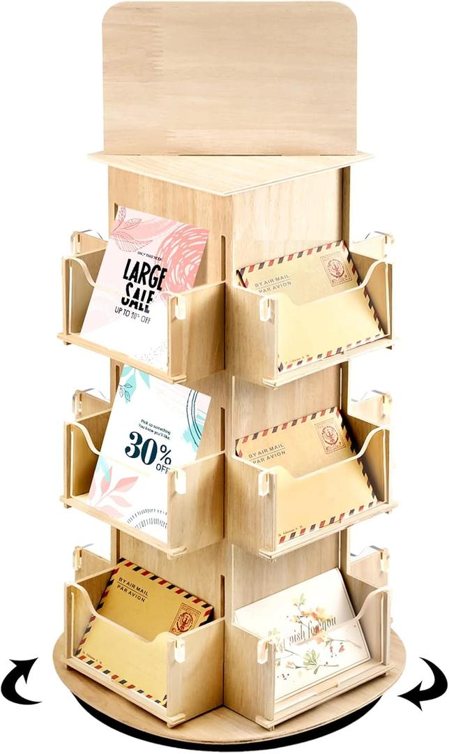 Spiareal Rotating Display Stand 3 Tier Rotating Sticker Display Stand Wooden Greeting Card Stand Multi Pocket Photo Holders Stand for Retail Craft Showcase(Wood)