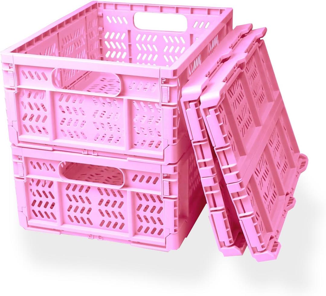 20L Folding Crate, 4Pack Plastic Storage Baskets Organizer for Home and Office,Collapsible Storage Crates for Home Office and Outdoor Organizer.(Pink)