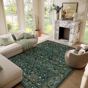 Washable Area Rugs for Living Room: 6x9 Rugs for Bedroom Stain Resistant Non Slip Low Pile Lightweight Soft Carpets for Bedroom Kitchen Dining Room Nursery Kids Room Farmhouse Home Office (Animal and Floral-dark Green)