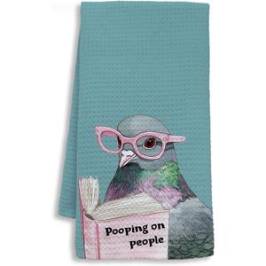 2 x Funny Pigeon Bathroom Hand Towels, Funny Bathroom Decor, Pooping on People Humorous Bird Hand Towels for Toilet Guest Bath Washroom Decor, 16x24 Inch - Dark Teal