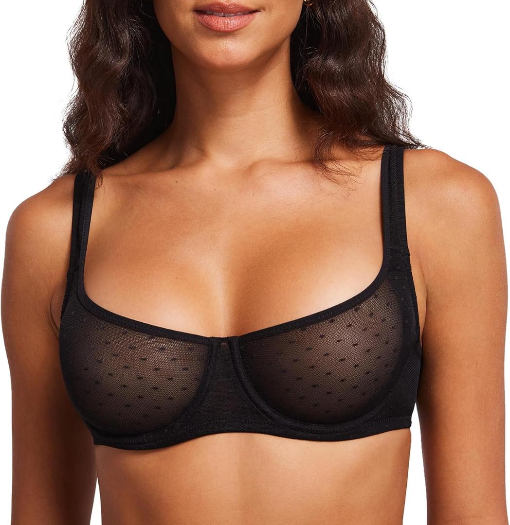 DOBREVA Women's Unlined Mesh Balconette Bra Underwire