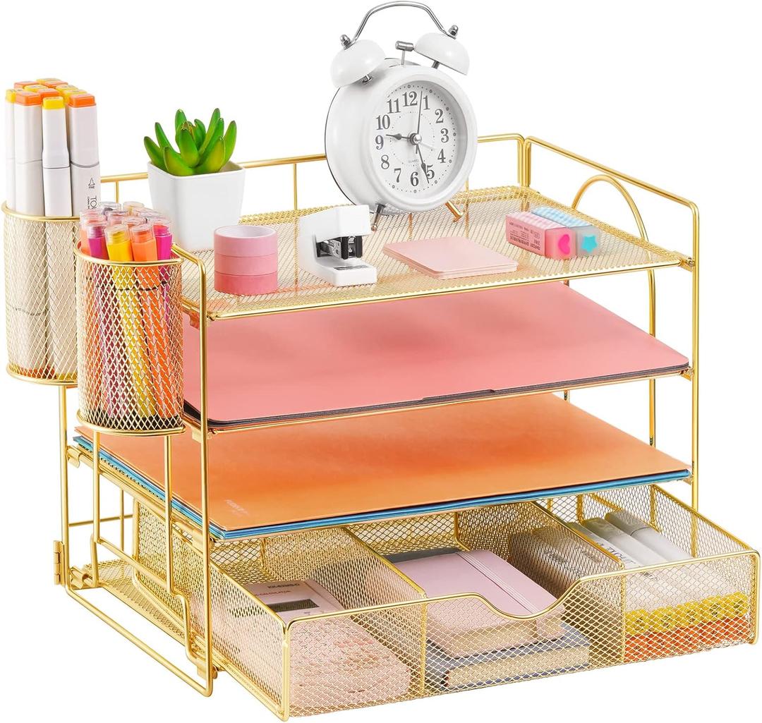 Lavatino Paper Letter Tray Organizer with File Holder, 4-Tier Desk Accessories & Workspace Desk Organizers with Drawer and 2 Pen Holder for Office Supplies (Gold)