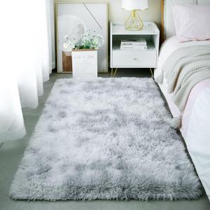 KICHOWUA 3x5 Fluffy Shag Light Grey Rug for Bedroom, Soft Fuzzy Plush Washable Non Slip Carpet, Comfy Shaggy Furry Small Area Rug for Living Room, Kids Baby Boys Girls Nursery Dorm, Tie-Dye Gray
