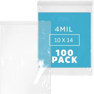 GPI - 100 Count 10" X 14" Zip Bags, Heavy-Duty 4 Mil Thick, Clear Reclosable Zipper Poly Baggies With Resealable Zip Top Lock For Storage & Packaging, Food, Tools, Sharp Objects, etc.