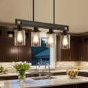 Farmhouse Dining Room Light Fixture, 4-Light Wood Kitchen Island Lighting for Dining Room Over Table, Black Adjustable Pendant Light with Clear Glass Shades, Linear Chandeliers Lighting for Kitchen