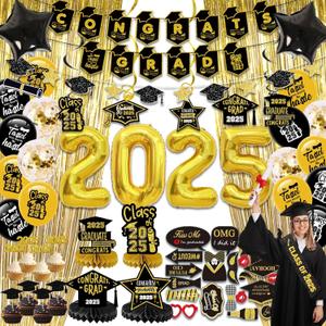 Graduation Decorations 2025-Black and Gold Graduation Party Decorations Class of 2025 with Banner, Balloons, Centerpieces, Cupcake Topper, Fringe Curtains, Hanging Swirls, Photo Props, Sash