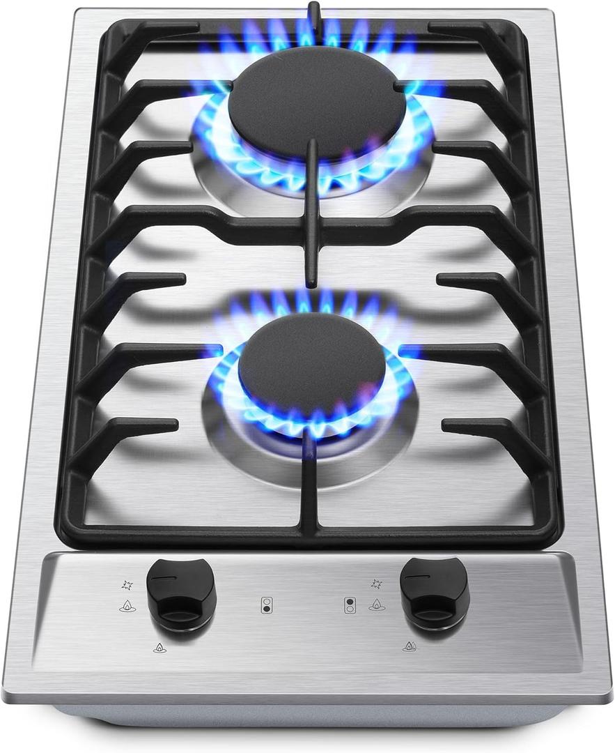 2-Burner Gas Cooktop with Thermocouple Protection - NG/LPG Convertible 12" Stainless Steel Built-in Gas Stove Top for RV, Kitchen & Camping