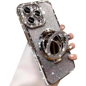Magnetic Kickstand Glitter Case for iPhone 16 Pro,[Compatible with Magsafe] Luxury Bling Sparkly Rhinestones with Camera Protector Makeup Mirror Women Girls Case for iPhone 16 Pro 6.3",Silver