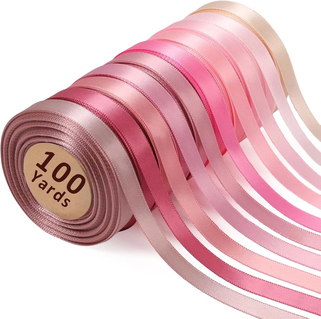 LaRibbons 3/8 Inch 100 Yard Pink Satin Ribbon for Crafts, 10 Yd/Roll 10 Rolls Pink Double Faced Satin Ribbon Pack for Gift, Wedding Party Decoration