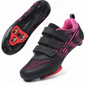 Unisex Road Bike Cycling Shoes Compatible with Peloton Shimano SPD Bike Riding Shoes for Men Women, 3 Straps, Pre-Installed Delta Cleats for Indoor Outdoor Cycling Biking Size 7 (BLPink)