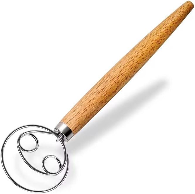 Danish Dough Whisk - Traditional Stainless Steel Wire Loop Bread Mixer with Wooden Handle, Perfect for Sourdough, Pizza Dough & Thick Batters, Dishwasher Safe