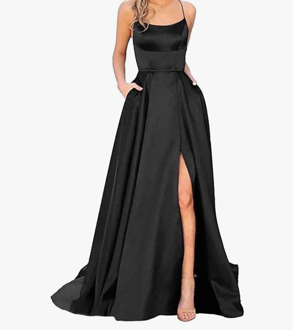 Women's Elegant Long Prom Dresses with Pockets Satin Halter Spaghetti Strap Wedding Dress Gowns, Size S